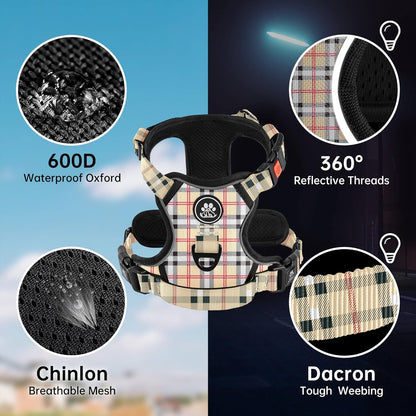 NESTROAD No Pull Dog Harness with Leash, Reflective No Choke Pet Vest Harness,Adjustable Soft Padded Dog Harness with Easy Control Handle for Medium Dogs(Checkered Beige,Medium)