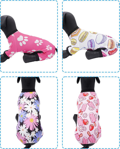 PET SHOW 4 Pack Dog Pajamas for Small Medium Dogs Girl Soft Stretchy PJs Paw Floral Jumpsuit Dog Doughnut Ice Cream Onesies Outfits with Sleeve Pets Breathable Summer Clothes Costume XL