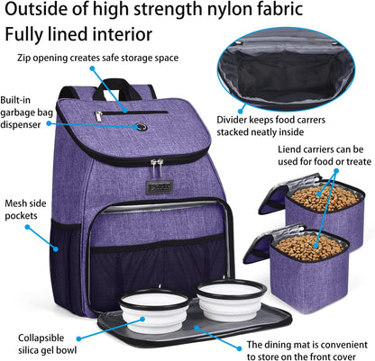 BAGLHER丨Dog Travel Bag, Airline Approved Pet Supplies Backpack, Dog Travel Backpack Accessories Set with 2 Silicone Collapsible Bowls and 2 Food Baskets. Purple
