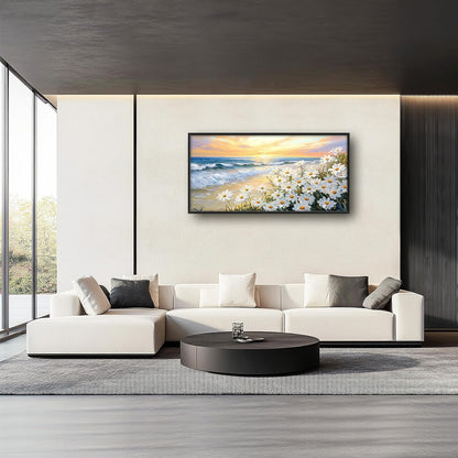 Large Beach Daisy Wall Art, Framed Coastal Beach Wall Decor for Living Room, Oversized Sunrise Canvas Painting Seascape Pictures Home Decoration for Living Room Bedroom Office 60"x30"