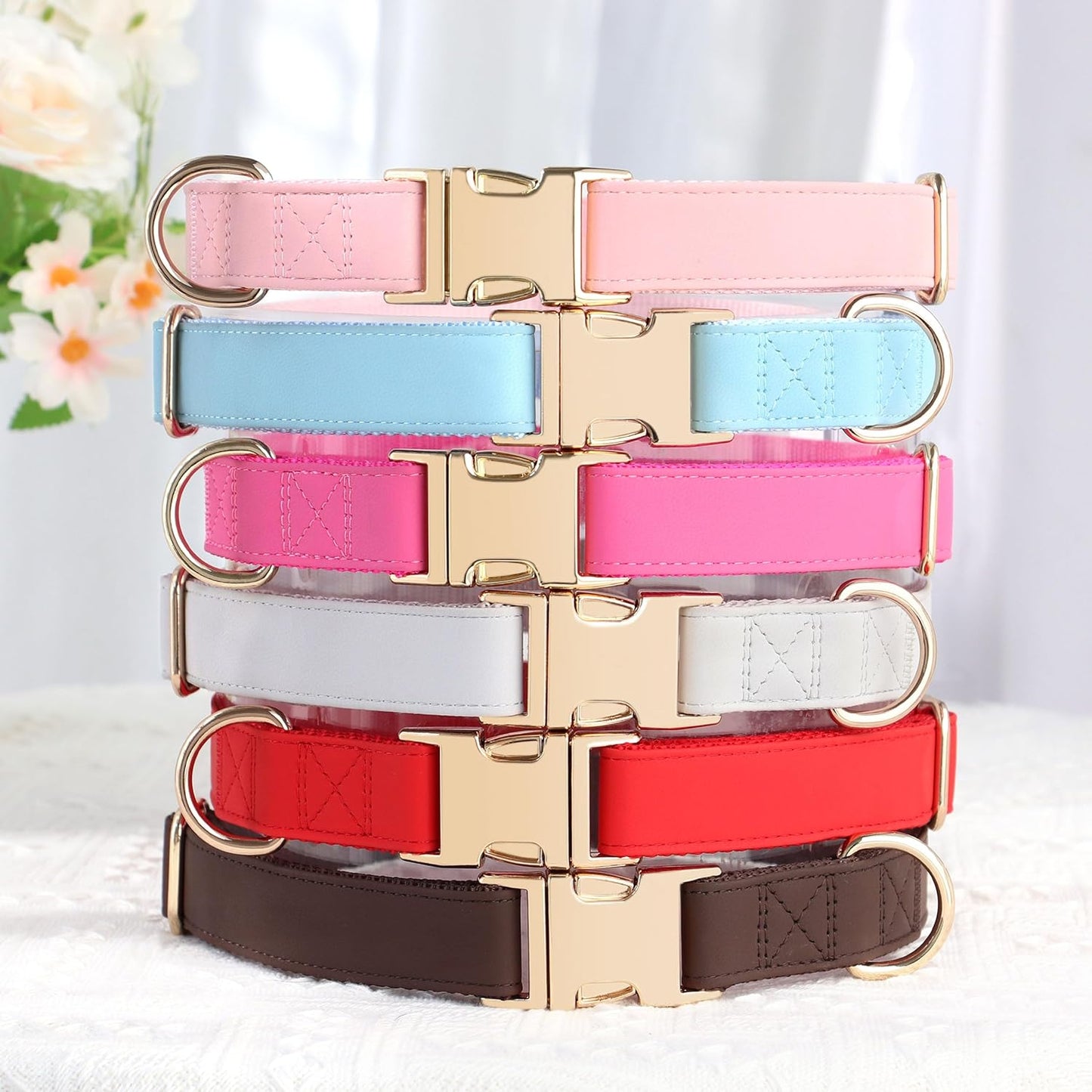 PET ARTIST Soft PU Leather Dog Collar, Bright & Stylish Hot Pink Dog Collar Girl with Quick Release Rose Metal Buckle, Nylon Padded Durable Pet Collars Adjustable for Medium Dogs, Neck Fit 13-19"