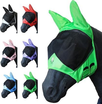T TEKE Fine Mesh Horse Fly Mask w/Ears, UV Blocking 3D Eye Visor with Extra Fleece Cushioned Forehead, Protection from Insect Pests
