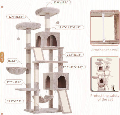 Cat Tree for Indoor Cats, 71'' (180cm) Multi-Level Cat Tower for Large Adult, Sturdy Cat Tree House with 2 Scratching Boards 7 Posts, 2 Plush Perches/Condos, Hammock, Muchroom GCT032MU