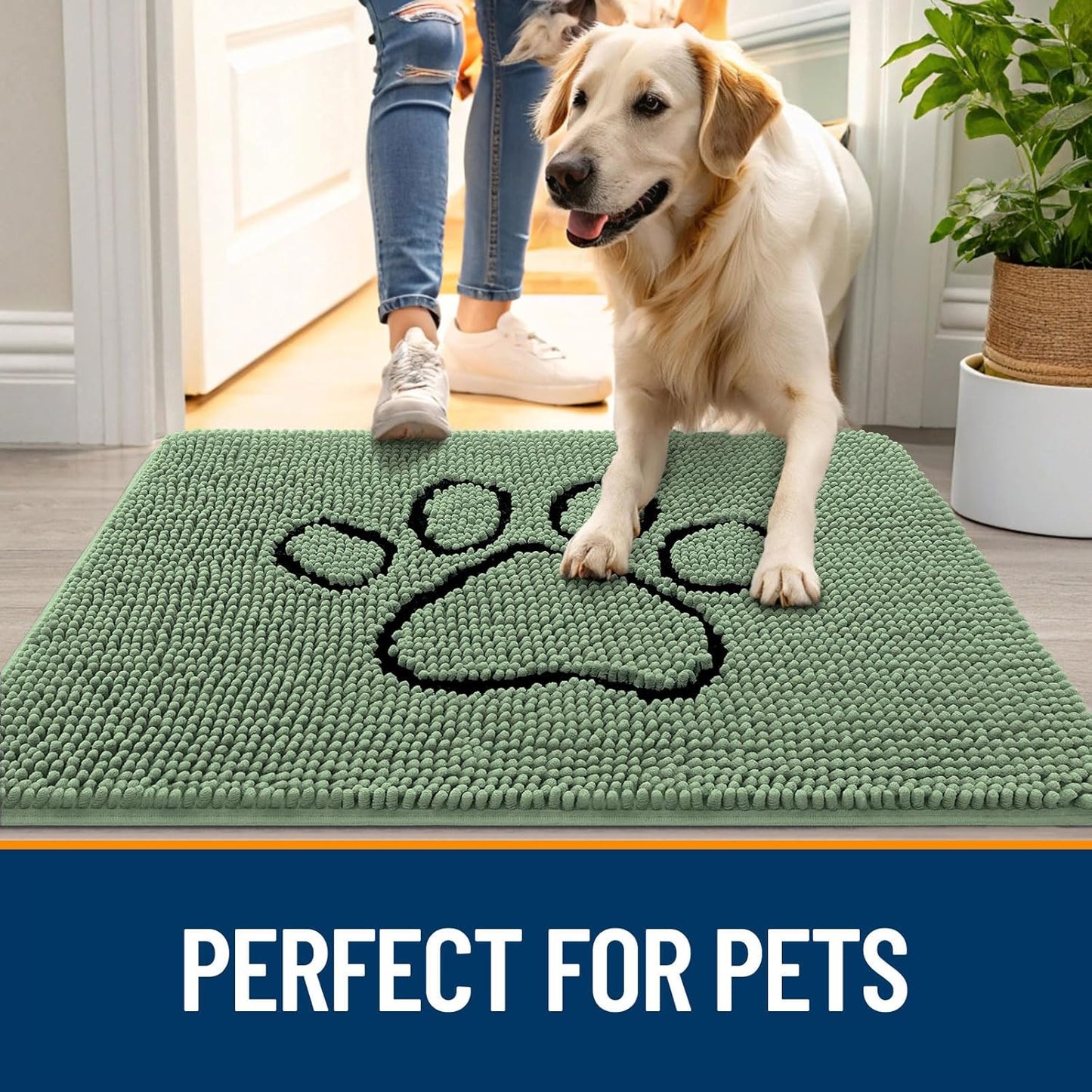 OLANLY Door Mat for Muddy Dog Paws 36x24, Absorbent Chenille Doormat with Paw Print Design, Non-Slip Washable Doormat for Indoor Entryway, Quick-Dry Pet Bed Mats for Dirty Dogs, Olive Green and Black