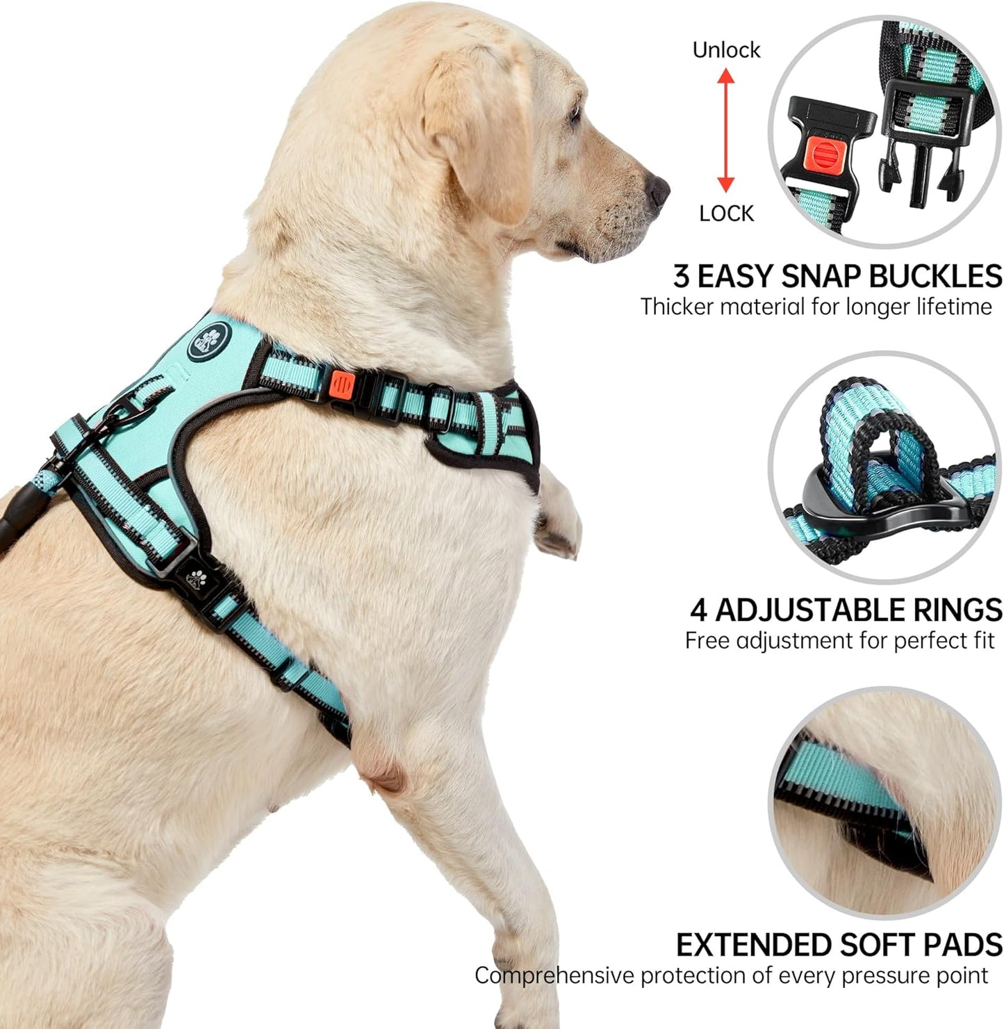 NESTROAD No Pull Dog Harness,Adjustable Oxford Dog Vest Harness with Leash,Reflective No-Choke Pet Harness with Easy Control Soft Handle for Large Dogs(X-Large,Turquoise)
