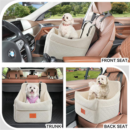 Dog Car Seat for Small/Medium Dogs, Dog Booster Car Seats with Thick Cushion for Dogs Under 35lbs, Detachable Washable Pet Carseat with Storage Pockets, 2 Safety Belts(Beige)