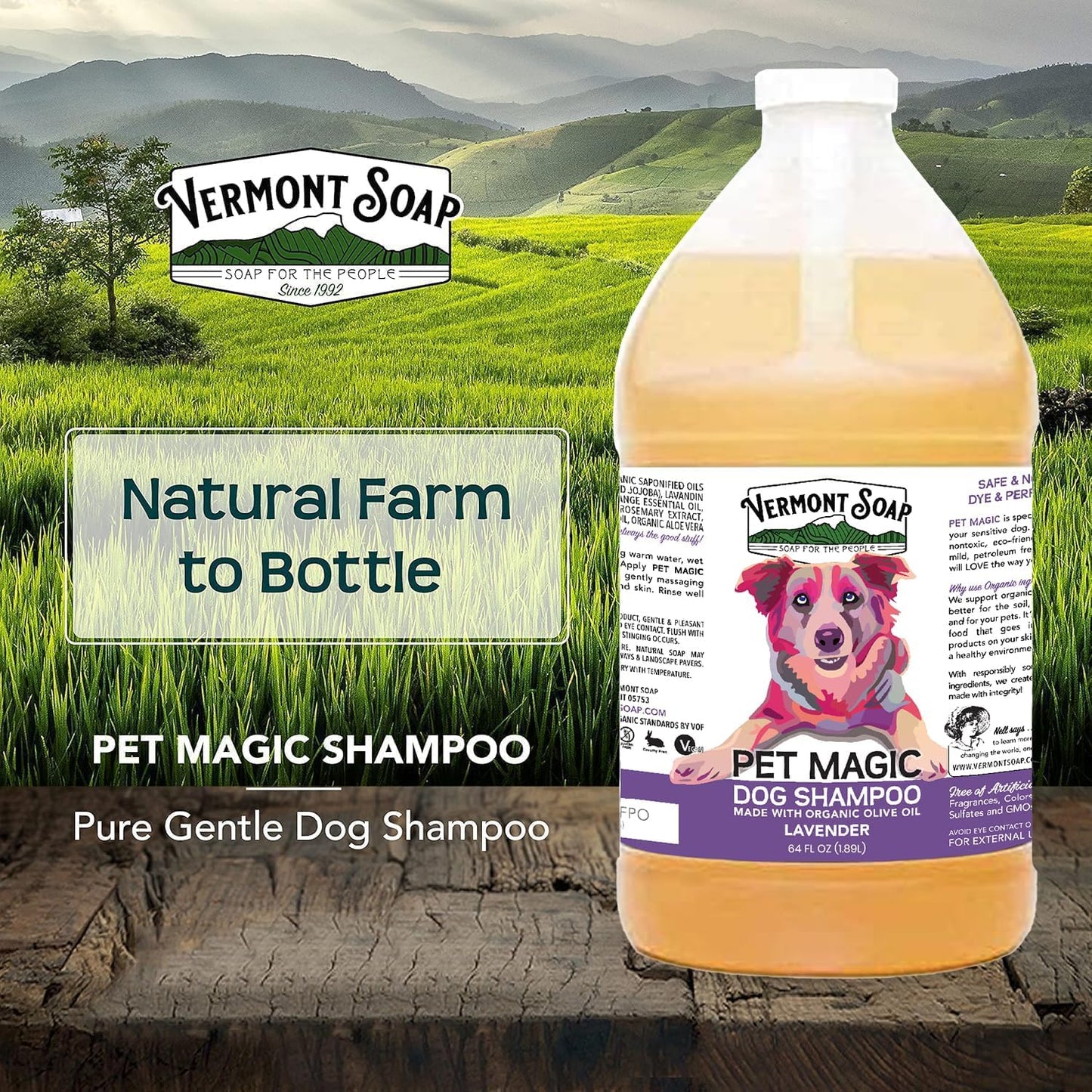 VERMONT SOAP Organics Pet Shampoo - Infused with Organic & Natural Olive Oil, Coconut & Aloe Vera Dog Shampoo for Sensitive Skin - USDA Certified Grooming, Lavender (64oz)