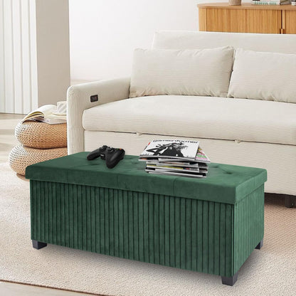Storage Ottoman Bench, 43 Inch Foldable Ottoman with Legs, Velvet Foot Rest Stool, End of Bed Bench, Storage Chest for Living Room, Bedroom (Green)
