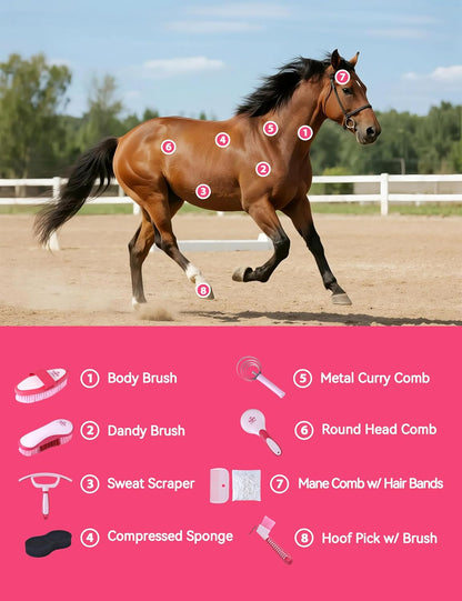 9PCS Horse Grooming Kit Curry Comb Sweat Scraper Horse Bathing Supplies Grooming Tools with Storage Bag Pink Garnet
