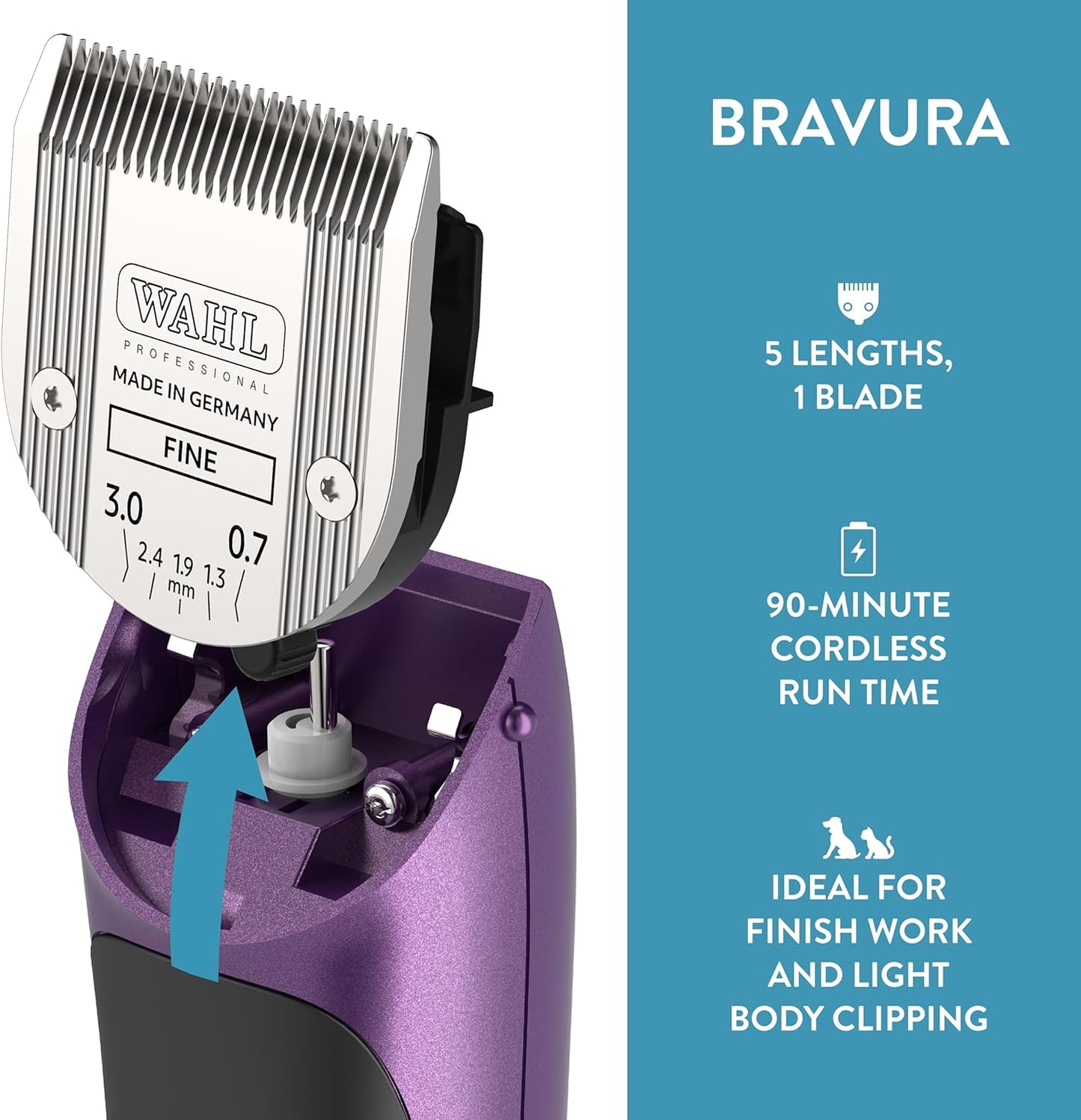 WAHL Professional Animal Bravura Lithium Ion Clipper - Pet, Dog, Cat, and Horse Corded/Cordless Clipper Kit, Purple (41870-0423)