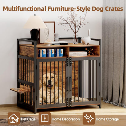 Furniture Style Dog Crate with Storage, 48 Inch Dog Crate Furniture with Double Doors, 2 Stainless Steel Bowls, Dog Crate Furniture-Style Crate for Large/Medium Dog