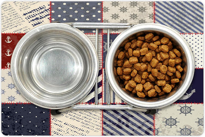 Lunarable Nautical Pet Mat for Food and Water, Maritime and Nautical Life Design with Vintage Sailor Knot Anchor Motifs, Non-Slip Rubber Mat for Dogs and Cats, 18" X 12", Vermilion Blue