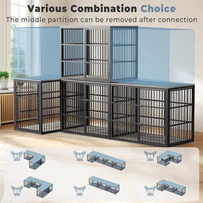 48'' XXL Dog Crate Furniture with 3 Doors, Wooden Crate End Table Heavy Duty Indoor Combination Cage for Medium to Large Dogs, Multiple Units Can be Combined, Grey