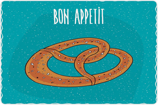 Lunarable Bon Appetit Pet Mat for Food and Water, Pretzel Design Bon Appetit Lettering Hand Drawn Cartoon Food Words, Non-Slip Rubber Mat for Dogs and Cats, 18" X 12", White Brown