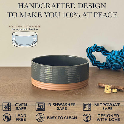 Mora Ceramic Pet Bowl - Large Food/Water Dish for Large Dogs, Cats, Great Dane, Mastiff - 50oz or 8 Cups - Basic Bowls - Charcoal