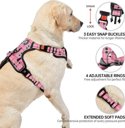 NESTROAD No Pull Dog Harness with Leash, Reflective No Choke Pet Vest Harness,Adjustable Soft Padded Dog Harness with Easy Control Handle for Large Dogs(Checkered Pink,Large)