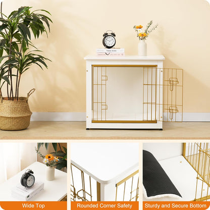 DWANTON Dog Crate Furniture with Cushion, Wooden Kennel Table with Double Doors, Indoor Dog House, Small/Medium/Large Size, 27.2" L, White