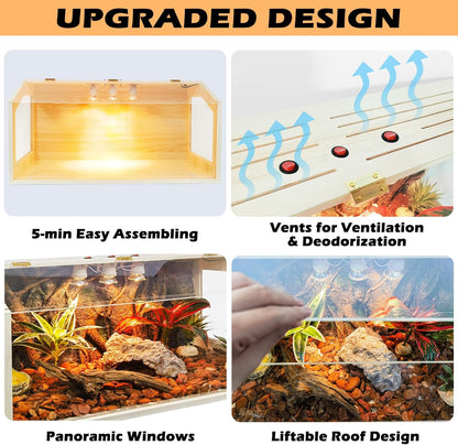 Prolee 68 Gallon Reptile Terrarium Tank Large 48 Inch Lizard Tank Bearded Dragon Tank with Roof Door, Snake Tank with Built-in Lamp Fixture and Switch, Side Windows, 48 Inch