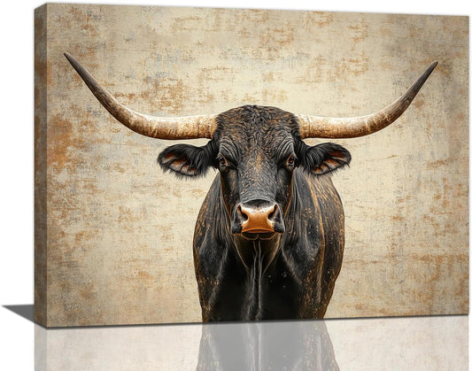 Rustic Highland Cow Pictures Wall Art, Farmhouse Longhorn Bull Bathroom Wall Decor Black Cow Framed