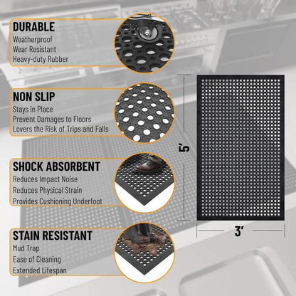 Ottomanson Heavy Duty Rubber Floor Mat – Non-Slip, Waterproof, Easy to Clean – Anti-Fatigue Mat for Commercial Kitchens, Restaurants, Workshops – Oil Resistant, Hose Washable – 36" x 60", Black
