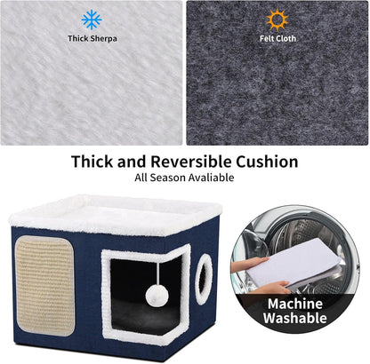 Cat House Bed for Indoor Cats, Large Cat Cave with Cozy Condo, Fluffy Hanging Ball, Scratch Pad, Hide-and-Seek, Foldable Indoor Cat House Hideaway with Double-Sided Soft Cushions for All Seasons, Blue