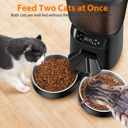 Automatic Cat Feeders for Two Cats, 5L/20 Cups Double Automatic Cat Food Dispenser with 2 Stainless Bowls, Timer Setting 20 Portions 6 Meals Per Day, 10s Meal Call, Pet Feeder for Dog (Black)