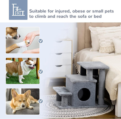 PawHut Pet Stairs, Adjustable Height 3/4 Step Cat Steps with Scratching Post, Condo, Toy Ball for High Bed, Sofa, Couch, Indoor Small Cats, Kittens, Gray