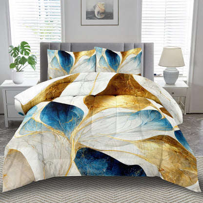 Vintage Floral Comforter Set Queen Size Women,Marble Flower Bedding Set Queen,Marble Blue Flower Bed Comforter,Blue and Gold Floral Quilt Bedroom Decor for Kids and Adults