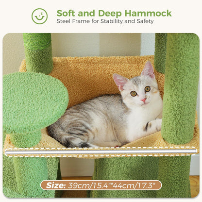 PAWZ Road Cat Tree, 53.5 Inches Tall Cat Tower with Spacious Hammocks, Condos and Scratching Posts, Cat House with Dual Padded Perches for Indoor Large Cats-Green