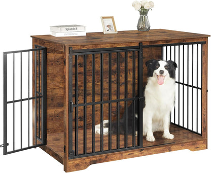 XXL Large Dog Crate Furniture, 46.9" Indoor Dog Kennel Furniture with Barn Door, Wooden Tall Dog Crate, Heavy Duty Dog Cage for Large Dogs, Side End Table, Anti-Chew, Rustic Brown DFC83801B