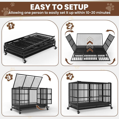 LEVELEVE 48 Inch Heavy Duty Indestructible Dog Crates for Large Dogs，Escape Proof Dog Cage Large Dogs with Lockable Wheels，Dog Kennel Furniture Indoor&Outside