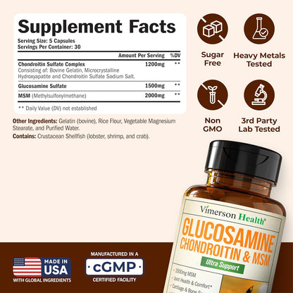 Glucosamine Chondroitin MSM Supplement – 3-in-1 Joint Supplements for Men and Women w/Glucosamine Sulfate 1500mg, Chondroitin Sulfate 1200mg & MSM 2000mg for Joint Health – FSA Eligible 150 Caps