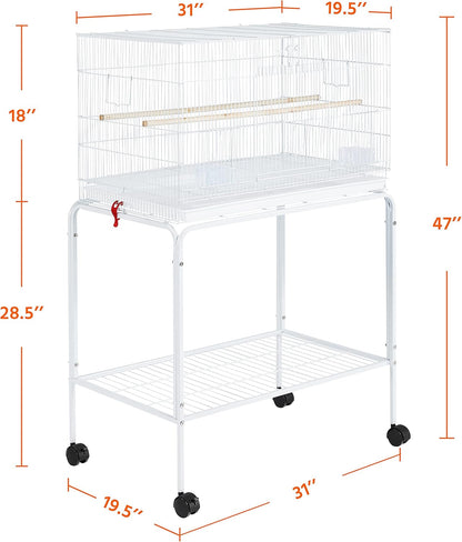 Yaheetech 47-inch Flight Bird Cages for Parakeets Cockatiels Conures Budgies Finches Lovebirds Canaries Parrots Breeding Birdcage with Detachable Rolling Stand, White