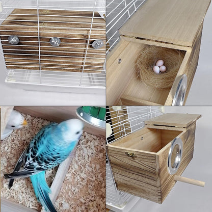 kathson Parrots Nesting Box Parakeet Nest House for Cage Budgie Breeding Hut with Coconut Fiber Bedding Wooden Bird Mating Box for Lovebirds Budgie Conure Cockatoo Cockatiel and Small Medium Parrots
