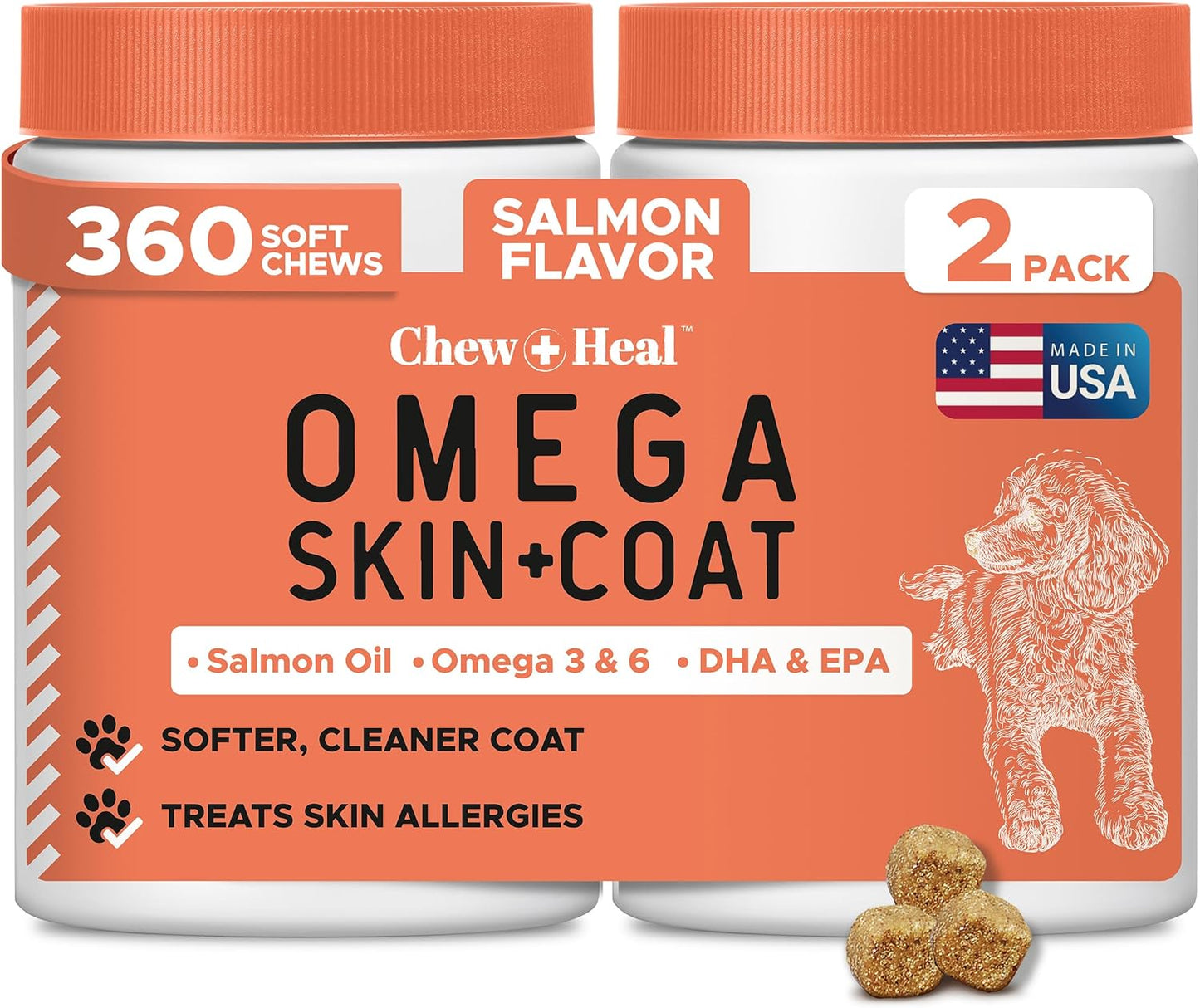 Fish Oil Omega 3 Supplements for Dogs -360 Soft Chew Treats for Skin and Coat -Salmon Oil Blend of Fatty Acids, Omega 3, 6, Vitamins, Antioxidants -Made in USA (2 Packs of 180, Salmon Flavor)