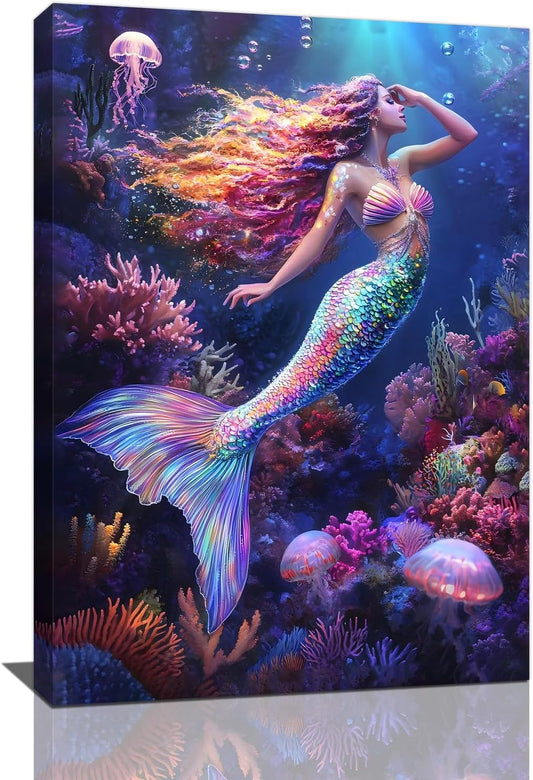 Sea Mermaid Bathroom Pictures Wall Art, Ocean Mermaid Bathroom Wall Decor, Aesthetics Framed Painting Canvas Artwork for Bedroom Living Room Decorations 24"L x 16"W