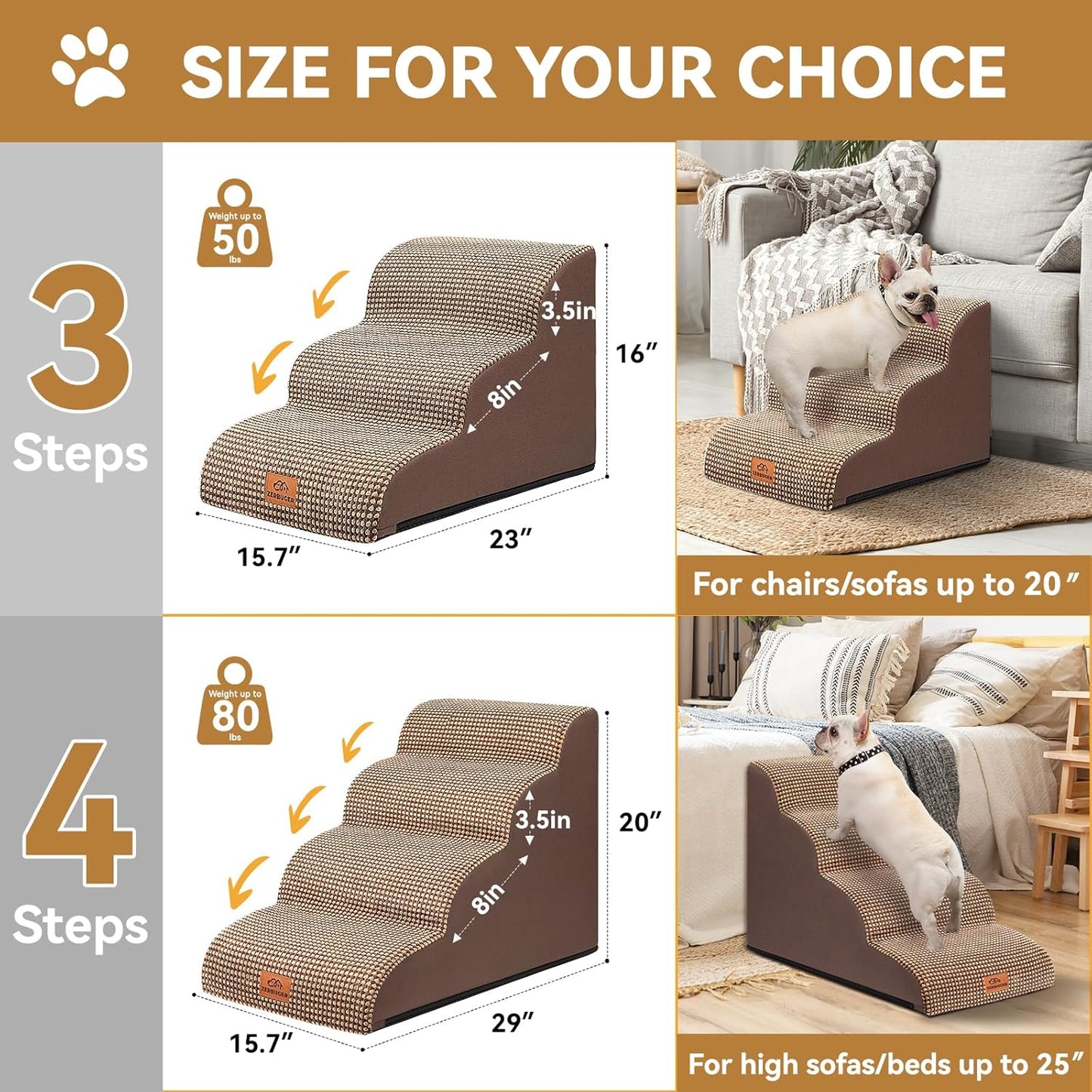 Dog Ramp and Stair for Bed 16" H-20 H,3-Step Cat Stair for Sofa and Chair,4-Step Dog Ramp for High Bed and Window,Durable Nonslip Fabric Cover for Indoor (Coffee-16 H, Pet Friendly, 3)