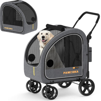 PAWZIDEA Dog Stroller for Large Dogs, Pet Stroller with Detachable Carrier for Portable Dog Crate for Car Seat, Foldable Dogs Jogger Strollers, All Terrain 9” Wheels, Adjustable Handle, Up to 80lbs