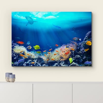 wall26 Canvas Print Wall Art Shining Sunlight Coral Reef Shark & Fish Nature Animals Photography Realism Rustic Scenic Landscape Wilderness Earth Colorful for Living Room, Bedroom, Office - 32"x48"