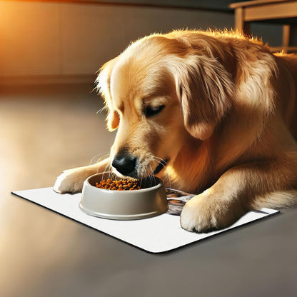 Lunarable Funny Pet Mat for Food and Water, Kitten Lying on The Puppies Basset Hound and Licks Sleeping Cuddle Picture, Non-Slip Rubber Mat for Dogs and Cats, 18" X 12", White Tan