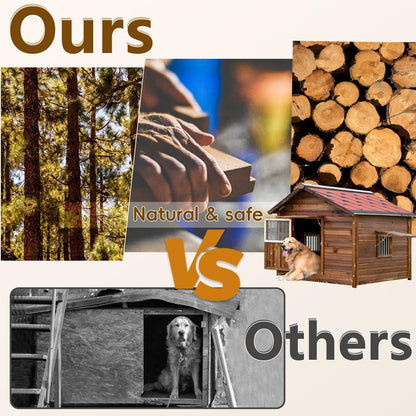 Outdoor Dog House, Solid Pine Wood Dog House with Waterproof Roof, Small Pet House with Elevated Floor and Window for Small Medium Dog, L