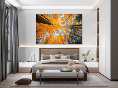 Nature Wall Art Prints - Ocean Forest Mountain Lake Canvas Landscapes - Small to Extra Large Living Room Bedroom Kitchen Bathroom Décor (Blue Sky Through Yellow Autumn Trees, 31L" x 47W" - 3 Panels)