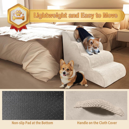 PAWSCART Dog Stairs for Small Dogs and Cats, 4-Step Dog Steps for Bed, 19.6" H Pet Stairs for High Bed, Pet Ramp for Couch, Sofa, Non-Slip Surface Removable Washable Cover, Beige