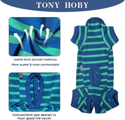 TONY HOBY Dog Pajamas for Female/Male, Dog Jumpsuit with Stripes for Small Medium Dogs, Soft and Comfortable 4 Legged Pajamas Dogs Clothes (Blue&Green, Boy, XS)