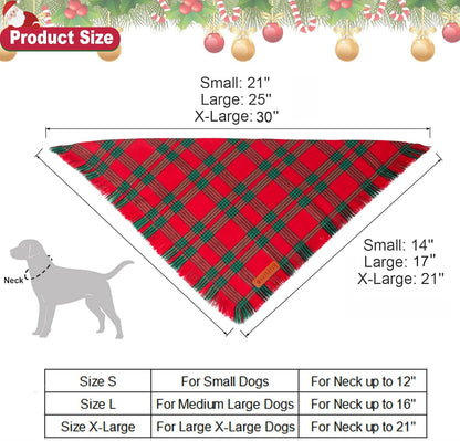 ADOGGYGO Christmas Dog Bandanas with Tassels, Red Green Plaid Pet Xmas Scarf Bib, Multiple Sizes, Christmas Bandana for Medium Large Dogs Pets (Large)