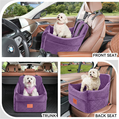 Dog Car Seat for Small/Medium Dogs, Dog Booster Car Seats with Thick Cushion for Dogs Under 35lbs, Detachable Washable Pet Carseat with Storage Pockets, 2 Safety Belts(Purple)
