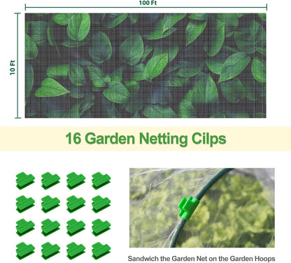Garden Netting Mesh, 10X100 FT Garden Netting with 16 Cilps & Ultra Fine Mesh Net Bird Barrier Protection for Garden Vegetables Flowers Shrubs Fruit Trees Indoors & Outdoors Plant Beds Greenhouse