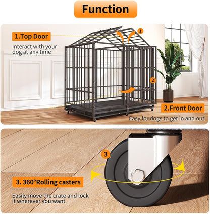 54 in Heavy Duty Indestructible Dog Crate Steel Escape Proof, High Anxiety Cage with Wheels, Removable Tray, Extra Large Dog Kennel XL XXL