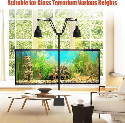 Dual Reptile Lamp Stand - Adjustable Height (15.7in to 74.3in) Metal Light Holder with 2 x 360° Adjustable Arms for Hanging Heat Lamp Fixture Dome Lampshades in Tank and Glass Terrarium