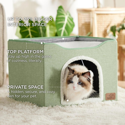 Bedsure Cat Beds for Indoor Cats - Large Cat Cave for Pet Cat House with Fluffy Ball Hanging and Scratch Pad, Foldable Cat Hideaway, 16.5x16.5x13 inches, Green